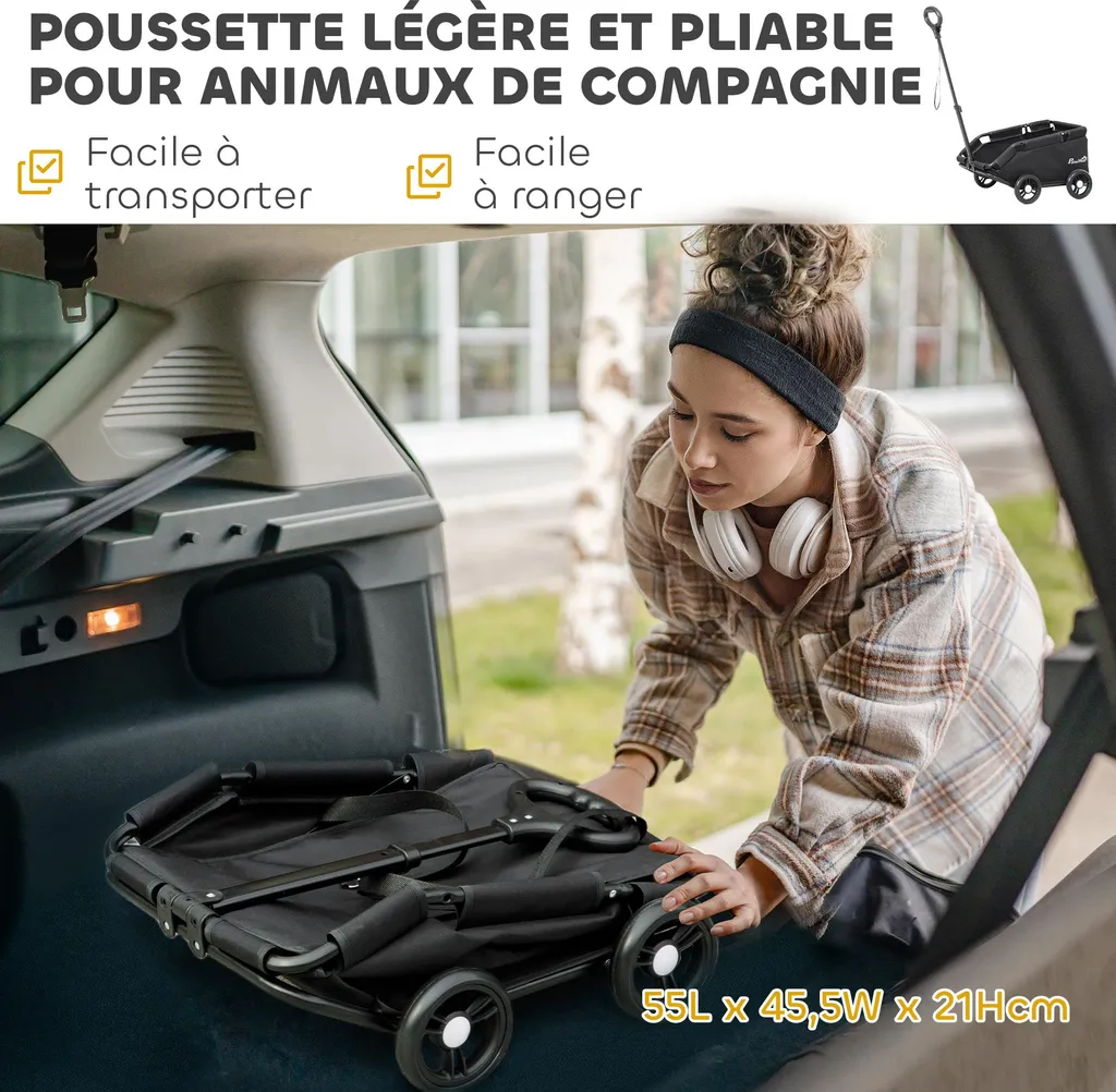 Poussette chien 4 roues avec tige de poussée réglable pliable noir
