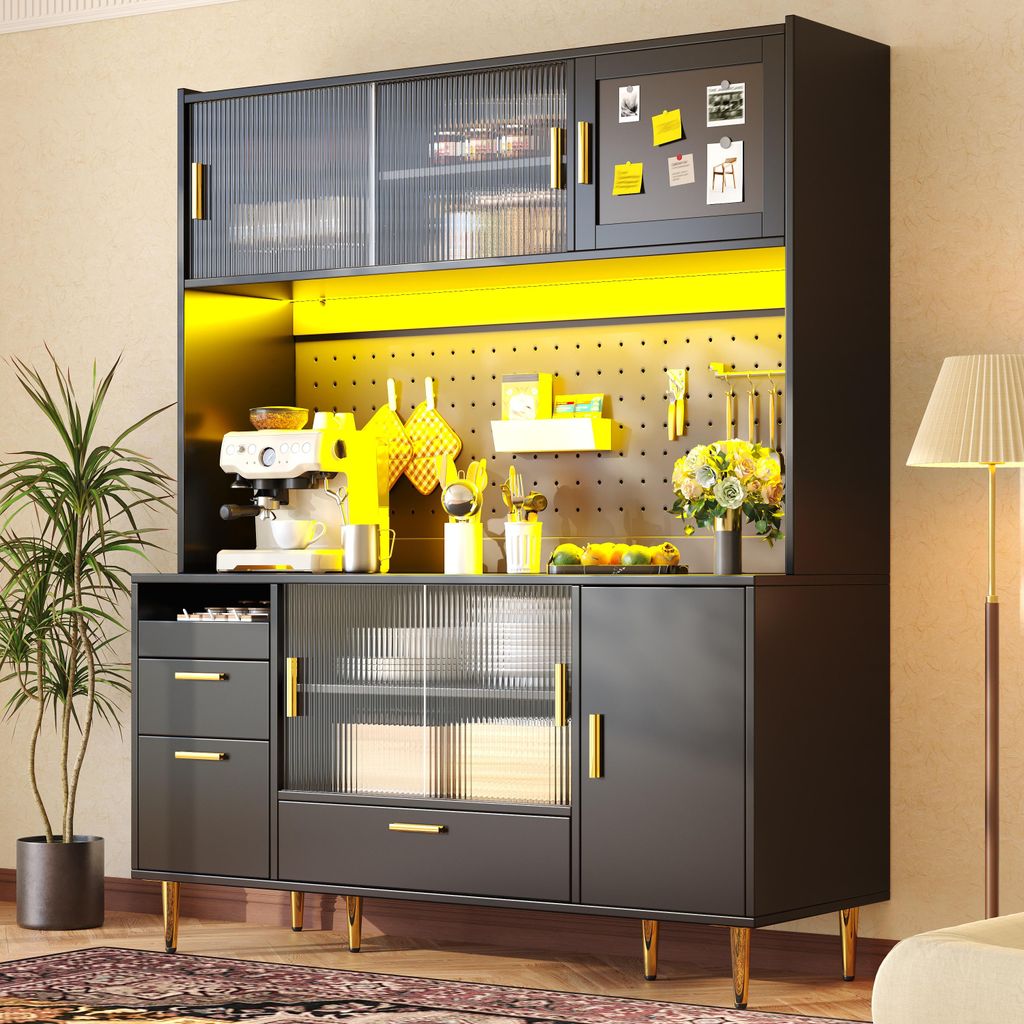 Flieks Buffetschrank mit LED-Beleuchtung & Lochwand, Küchenschrank mit Glas-Schiebetüren, Magnettür, Highboard 140x40x180cm, Schwarz
