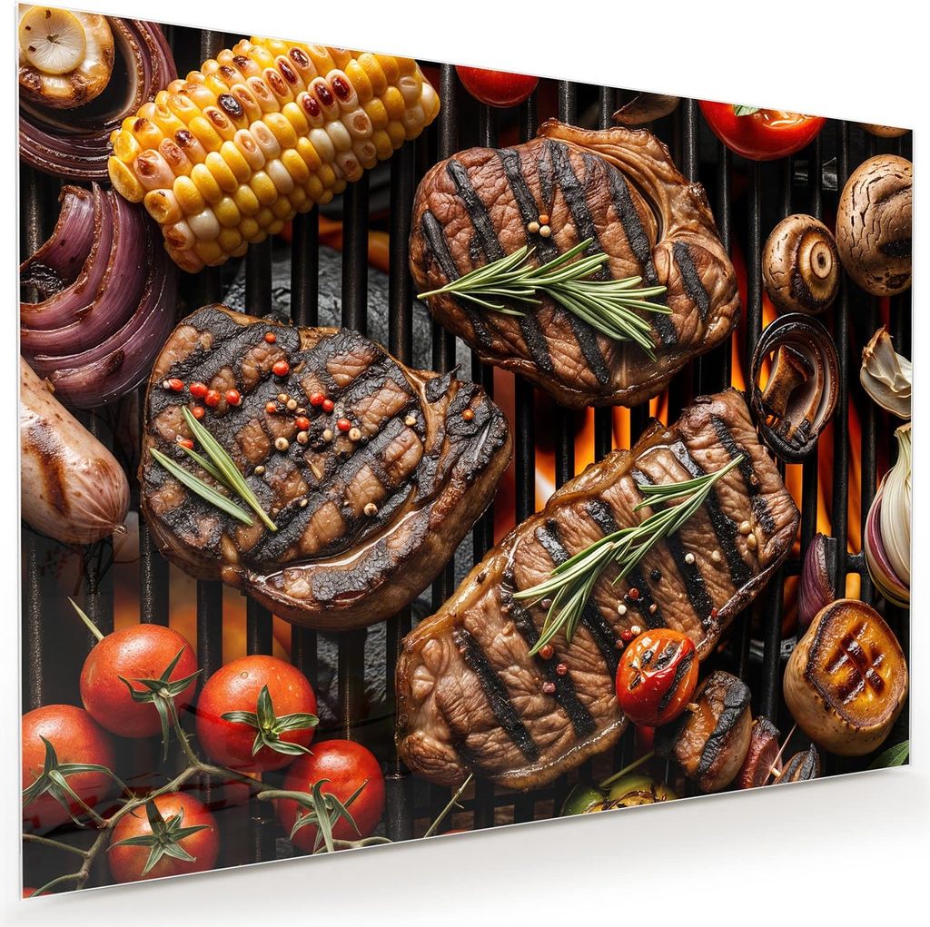 Glasbild 120x90cm in XXL für Wohnzimmer, Schlafzimmer Motiv Grillplatte