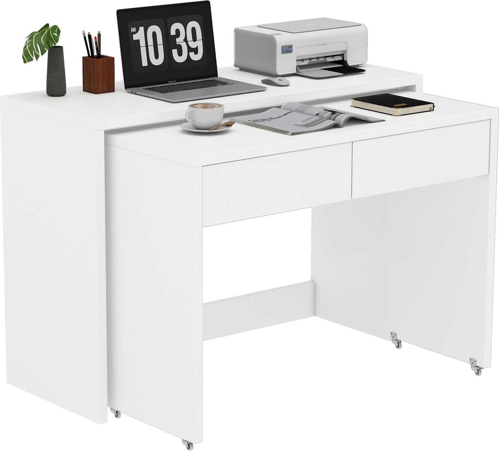 AIORBER Regalschreibtisch + Kommode 2-in-1 Kompaktschreibtisch, ausziehbar & klappbar, Schreibtisch mit Rollen, platzsparend, 110×40×78 cm, Weiß