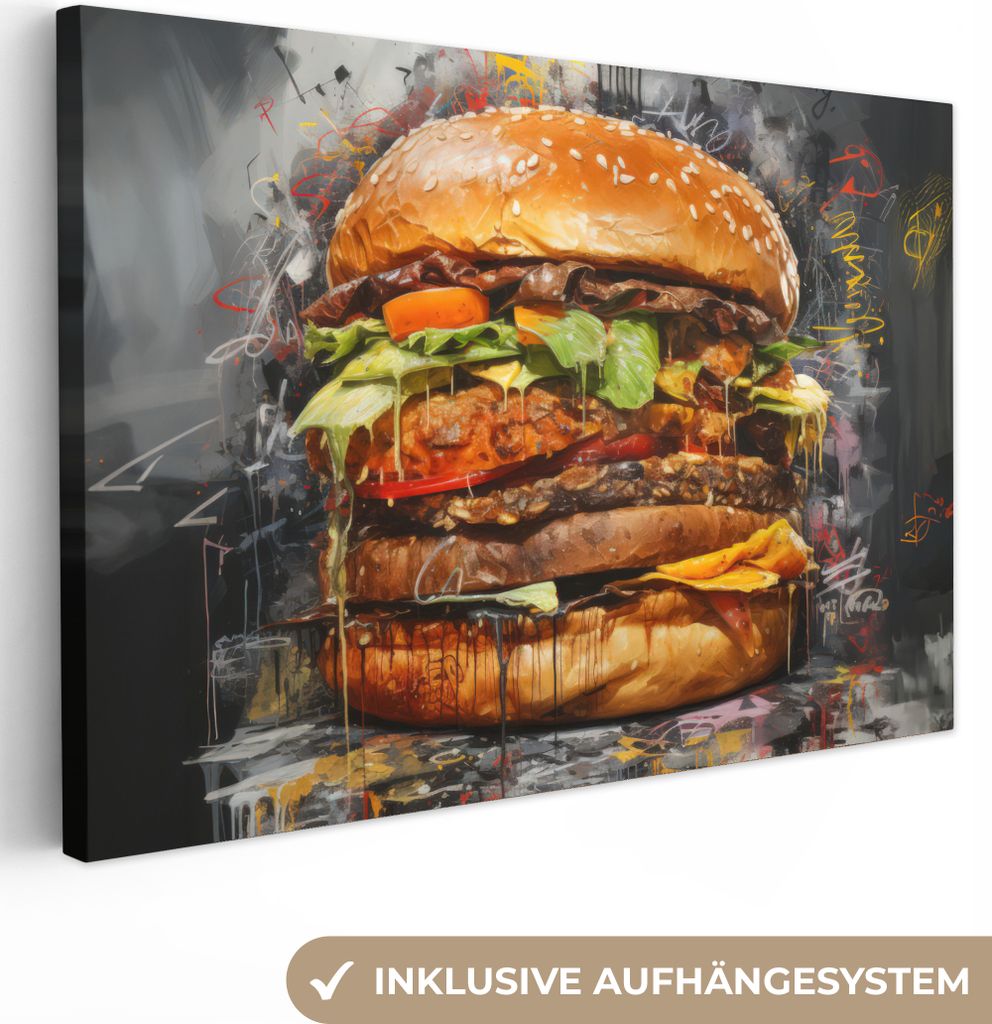 Leinwandbilder 120x80 cm - Graffiti - Burger - Essen - Kunst - Grau - Graffiti, Bilder Wohnzimmer Modern, Wanddeko