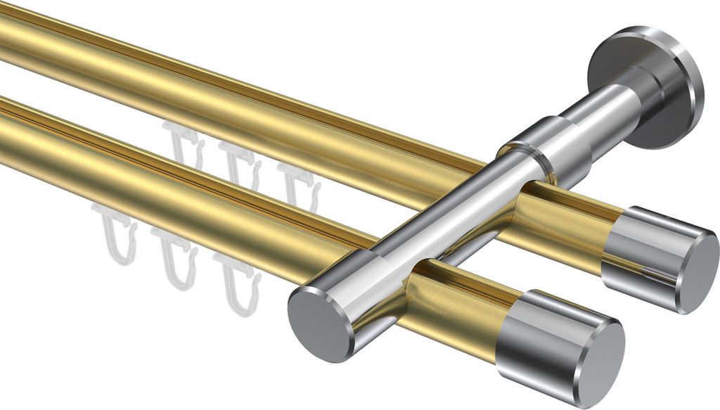 Interdeco Innenlaufstange / Gardinenstange mit Innenlauf Messing-Optik / Chrom, Typ Prestige Santo (Kappe), 20 mm Ø 2-läufig, 240 cm