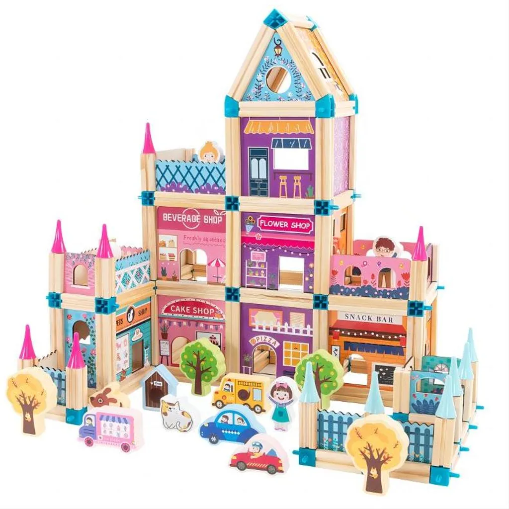 Jeu de Construction Maison de Poupée en Bois avec 278 Blocs et Figurines
