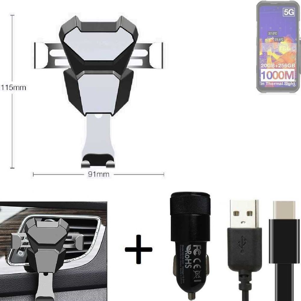 K-S-Trade Lüftungsschlitz Halterung kompatibel mit Doogee V20 Pro Ultra Lüftungshalterung Lüftungsgitter schwarz-silber Auto-Halterung Smartphone