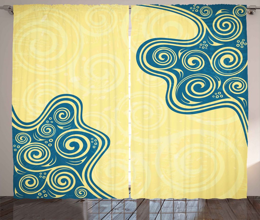 ABAKUHAUS Abstrakt Rustikaler Vorhang, Vintage Blumen Spirale, Wohnzimmer Universalband Gardinen mit Schlaufen und Haken, 280 x 225 cm, Gelb Blau