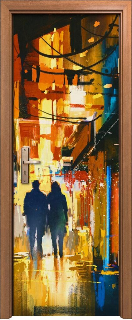 Türposter 70x200 cm Türaufkleber Türtapete Türfolie Klebefolie Gehendes Paar Gasse Bunten Lichtern