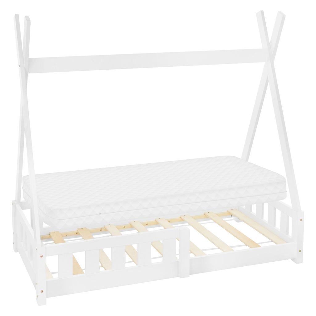 ML-Design Kinderbett Tipi 70x140 cm mit Matratze, Rausfallschutz und Lattenrost, aus Kiefernholz, Weiß, Hausbett mit Zaun Bodenbett Holzbett