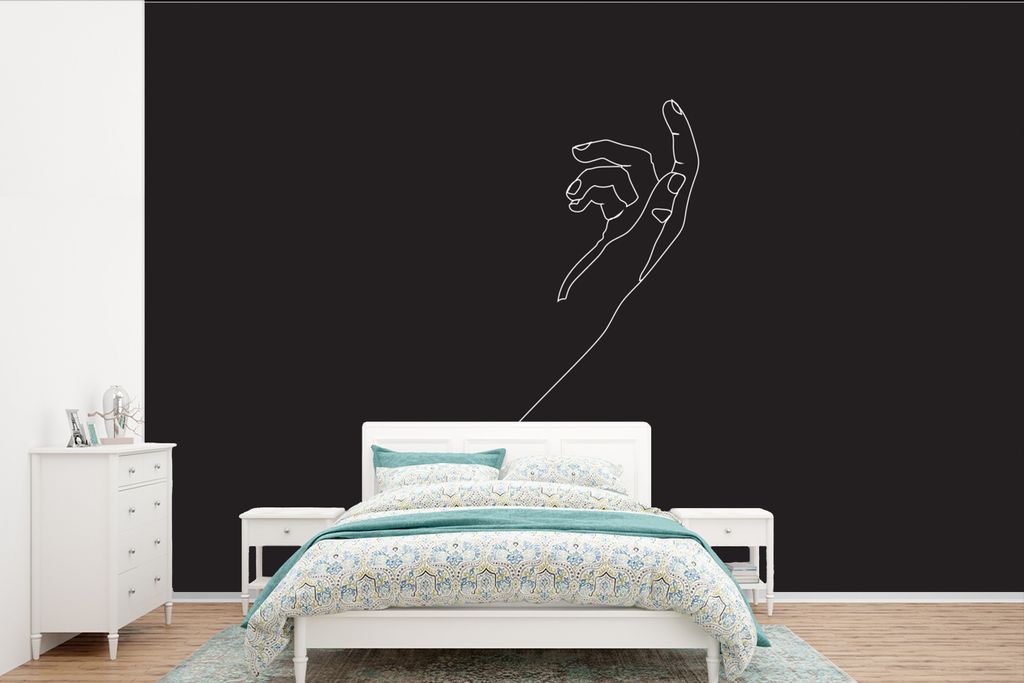 MuchoWow Fototapete für Wohnzimmer oder Schlafzimmer Wandtapete Vinyl Motivtapete Schwarz - Weiß - Hand - Strichzeichnung - 600x400 cm - Vinylt...