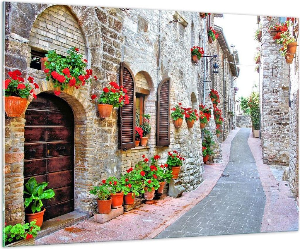 Bilder auf glas - Italien Straße Blumen Geschichte - 100x70cm - Glasbilder - Wandbilder - Kunstdruck - zum Aufhängen bereit - Wanddekoration aus ...