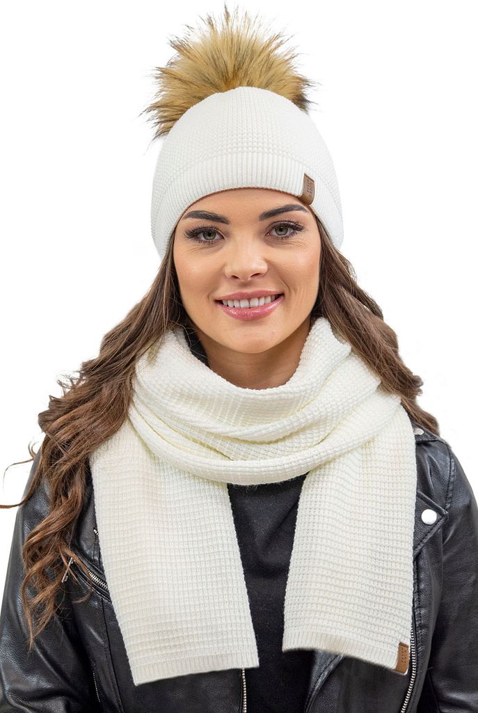 Vivisence damen bommelmütze und schal set warm kopfbedeckung und halsbedeckung an winter und herbst warm dick, wintermütze mit bommel, winterset ...