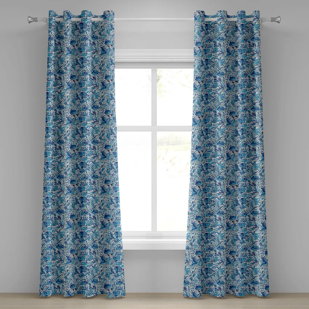 ABAKUHAUS Tenda con occhielli floreali, arte ceramica turca con motivi naturali in stile mediorientale, tende decorative a 2 pannelli, 280 cm x 225 cm, blu navy e verde