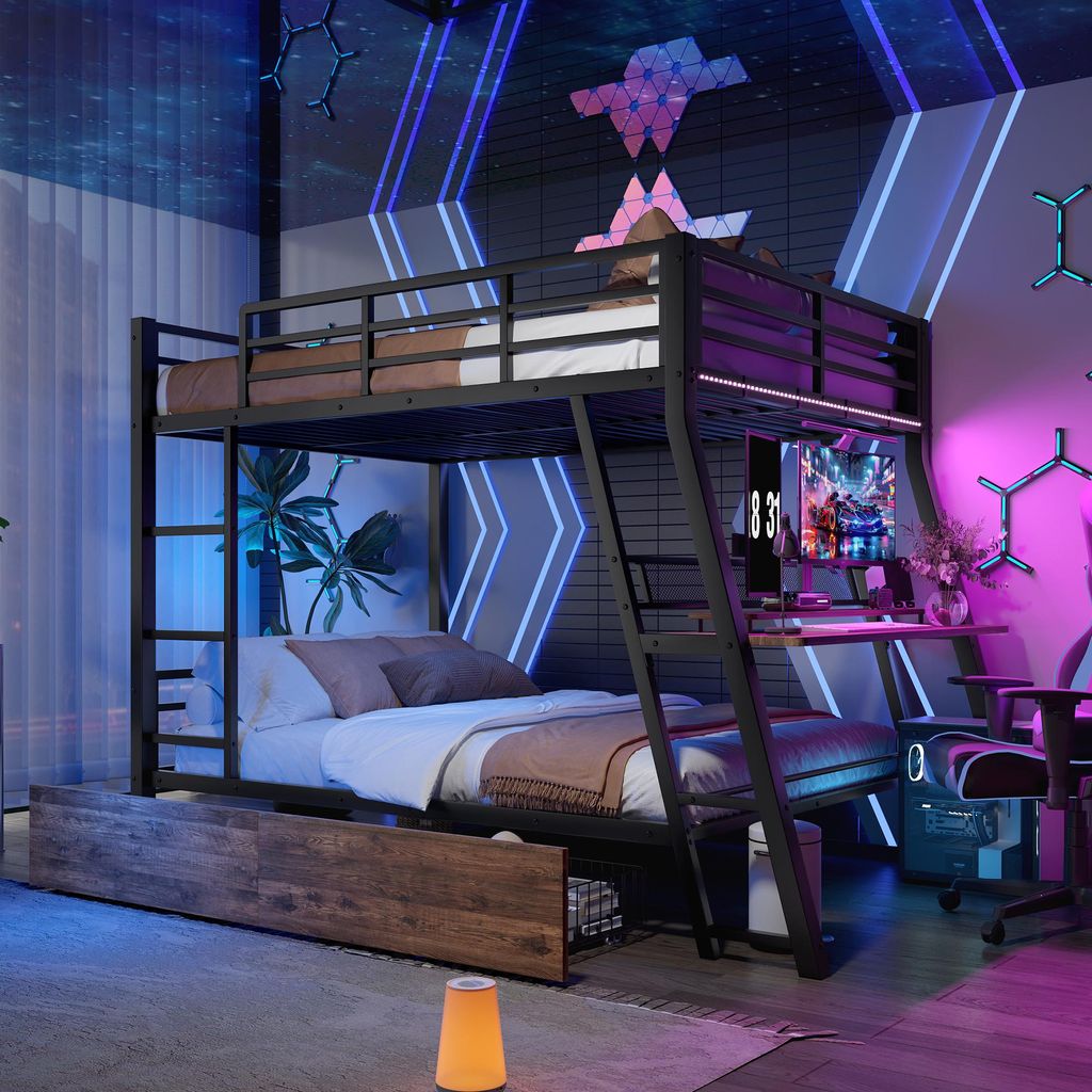 Merax Etagenbett Hochbett 140x200 cm, Kinderbett mit Schreibtisch, LED, 2 Schubladen, Geländer & Treppe, Stockbett Eisenbett, Schwarz