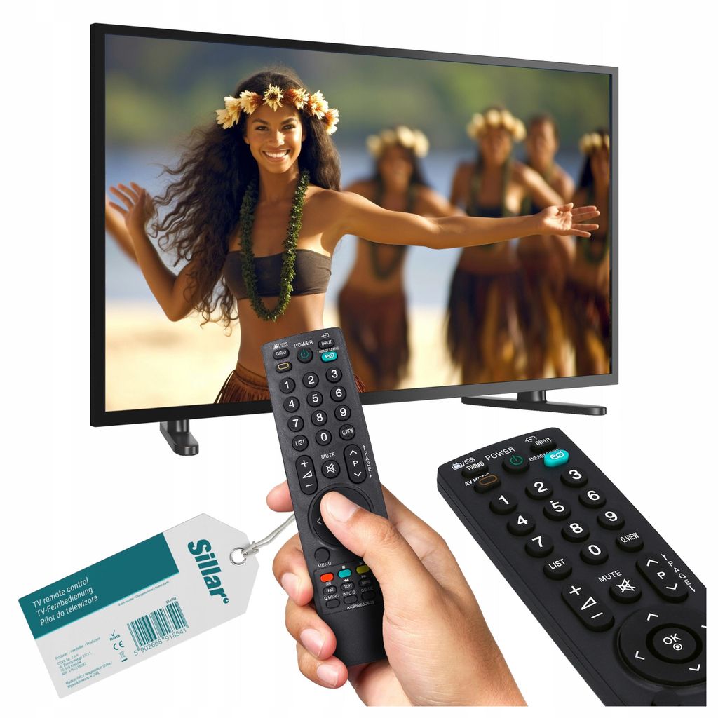 A TV screen displaying a tropical scene with people dancing, with two remote controls and a product tag in the foreground.