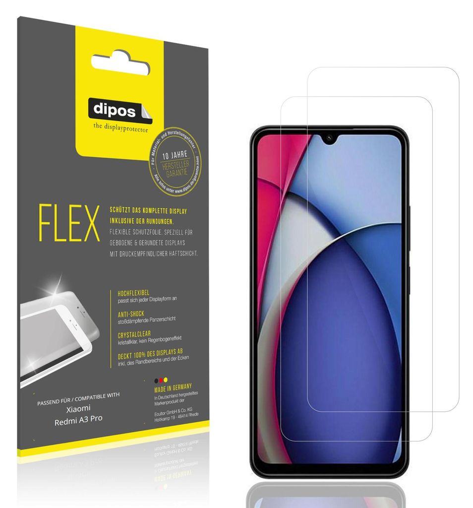 2x Schutzfolie für Xiaomi Redmi A3 Pro Folie, 100% Displayabdeckung, dipos Flex