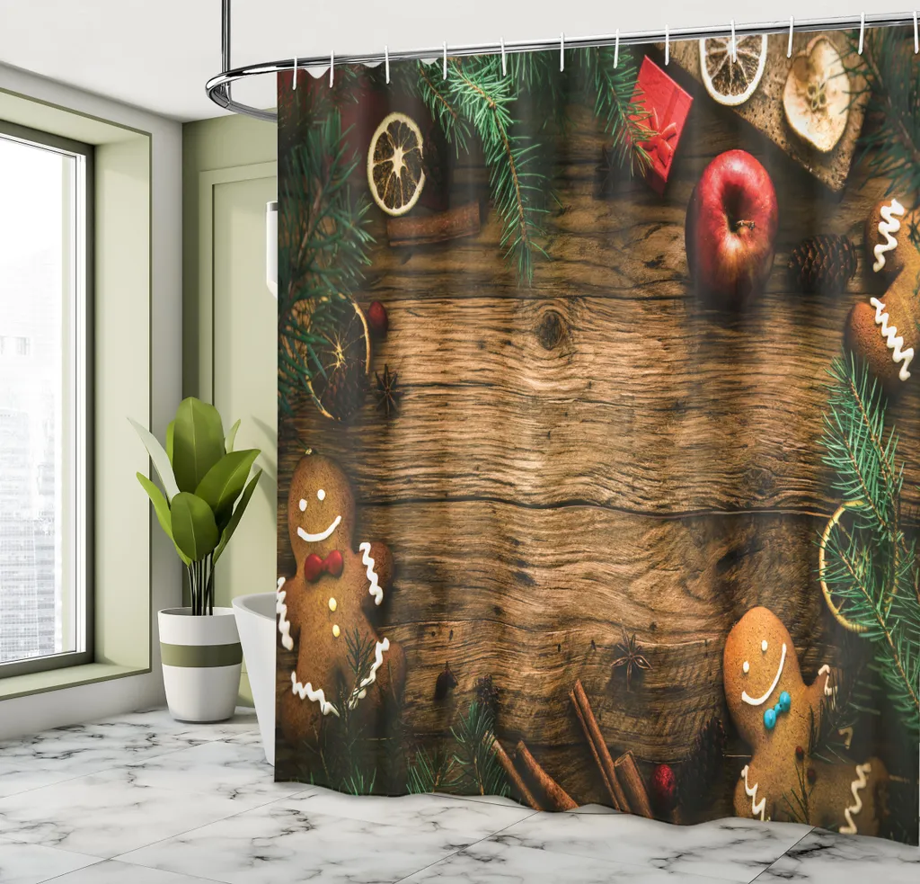 ABAKUHAUS Tenda da doccia natalizia, scatola regalo con omino di pan di zenzero, legno di conifera, pino, cannella, dessert su tema rustico in legno, set decorativo per bagno in tessuto con ganci, 175x200 cm, marrone verde - 3