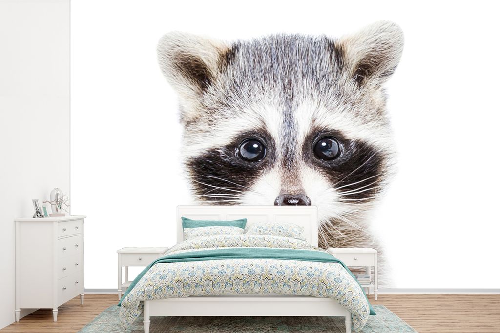 MuchoWow Fototapete für Wohnzimmer oder Schlafzimmer Wandtapete Vinyl Motivtapete Waschbär - Tiere - Natur - Weiß - 600x400 cm - Vinyltapeten