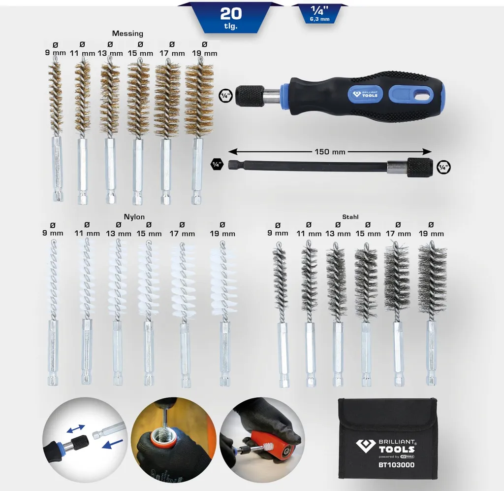 Assortiment de brosses de nettoyage pour perceuse et usage manuel 20 pces - 8