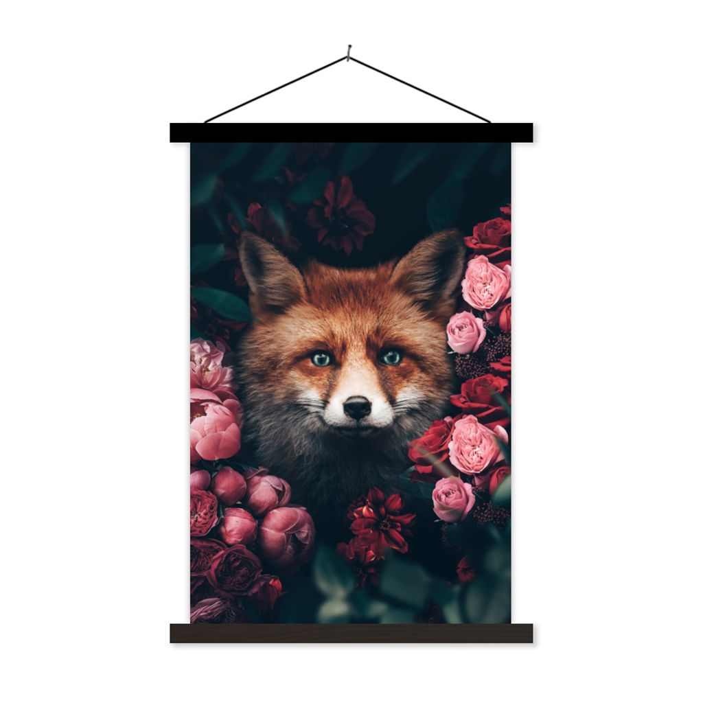 MuchoWow Textilposter Fuchs - Blumen - Tiere 60x90 cm mit schwarzem Rahmen - Poster Wohnzimmer