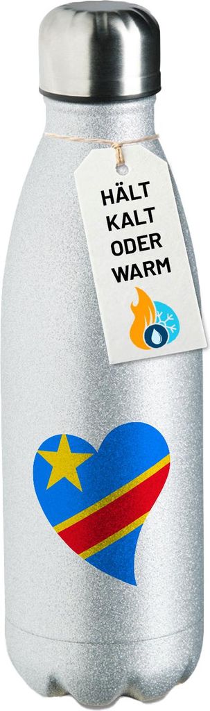 Huuraa Trinkflasche Kongo Flagge Herz 500ml Silver Edelstahl Wasserflasche Trinkflasche Geschenkidee