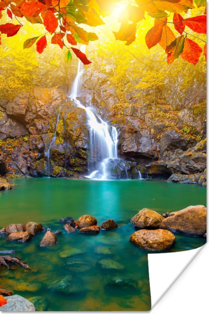 MuchoWow Poster Steine - Baum - Wasserfall - Herbst - Rot 40x60 cm - Plakate für die Wand - Poster Babyzimmer