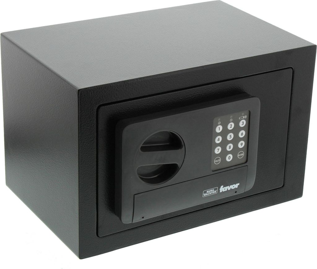 A black safe with a digital keypad is shown against a white background.