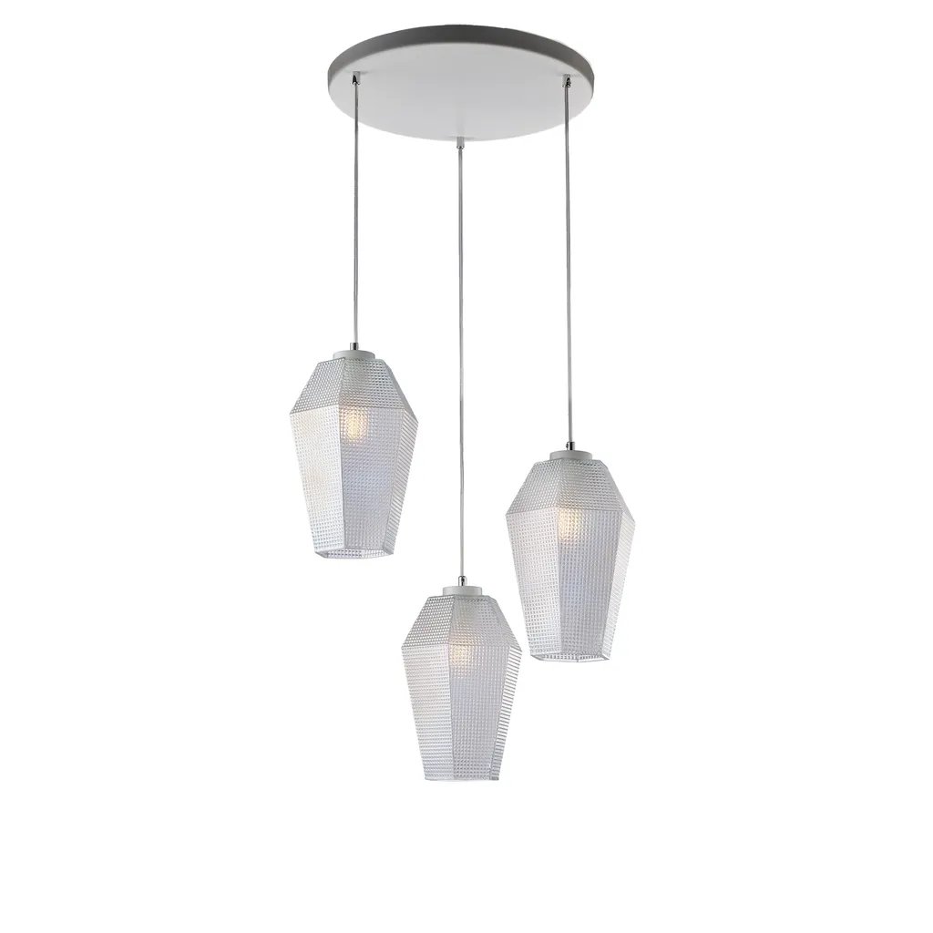 Suspension 3 lumières en verre soufflé Prisma et fer blanc réglable