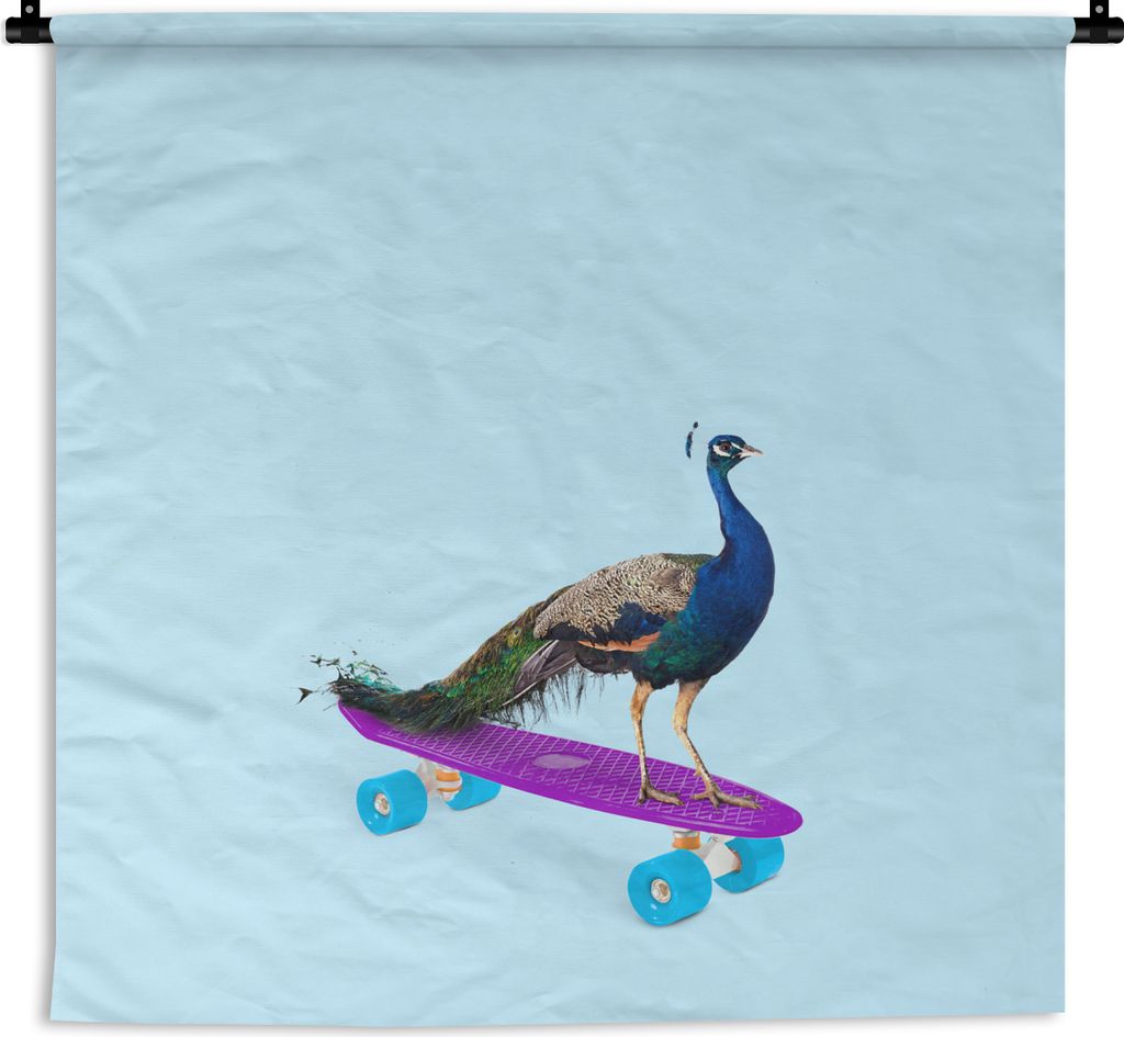 MuchoWow Wandteppich Wandbehang Pfau - Blau - Skateboard - Tiere - Lustig 60x60 cm Tapisserie Dekoration Wandtuch - Dekorationen - Wand Decke