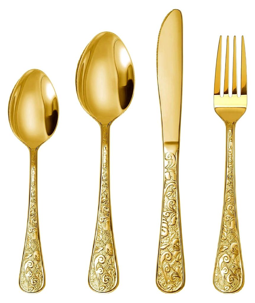 24-teiliges Besteckset im Vintage-Goldstil mit Schnitzereien für 6 Personen, Edelstahlgeschirr mit Messer, Gabel und Löffel, Besteckset für Zuha...
