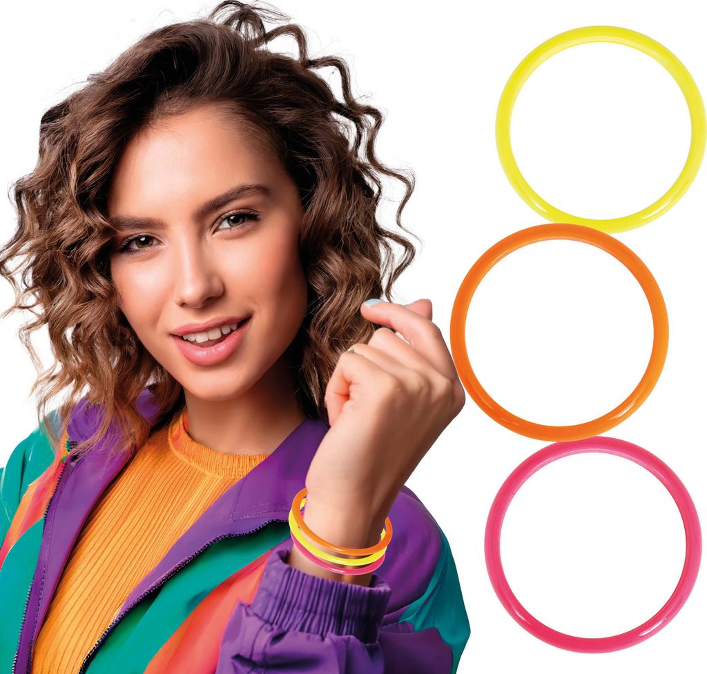 90S Retro Armband Set Bunte Accessoires Karneval Feier Ausdruck Power Vielfalt Mode Mix Farben, Farbe: Mehrfarbig