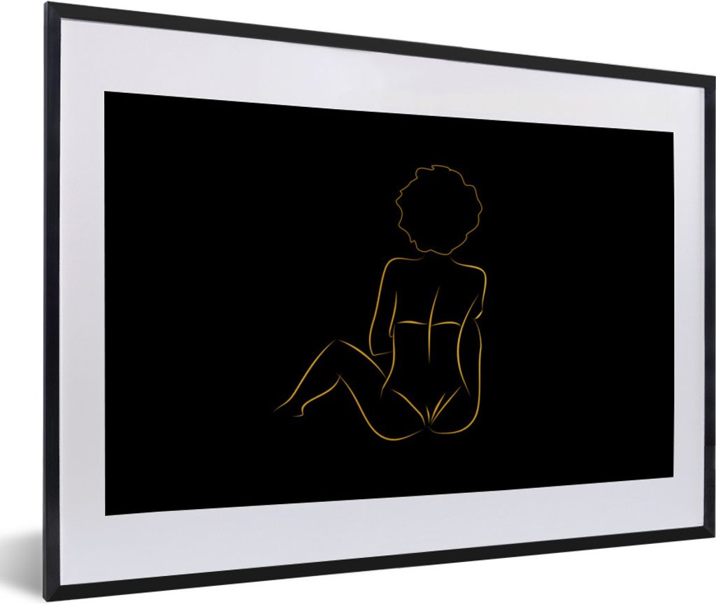 MuchoWow Gerahmtes Poster Frau - Schwarz - Gold - Strichzeichnung 60x40 cm - Poster mit Schwarzem Bilderrahmen Wandposter Rahmen Foto Bilder - Sc...