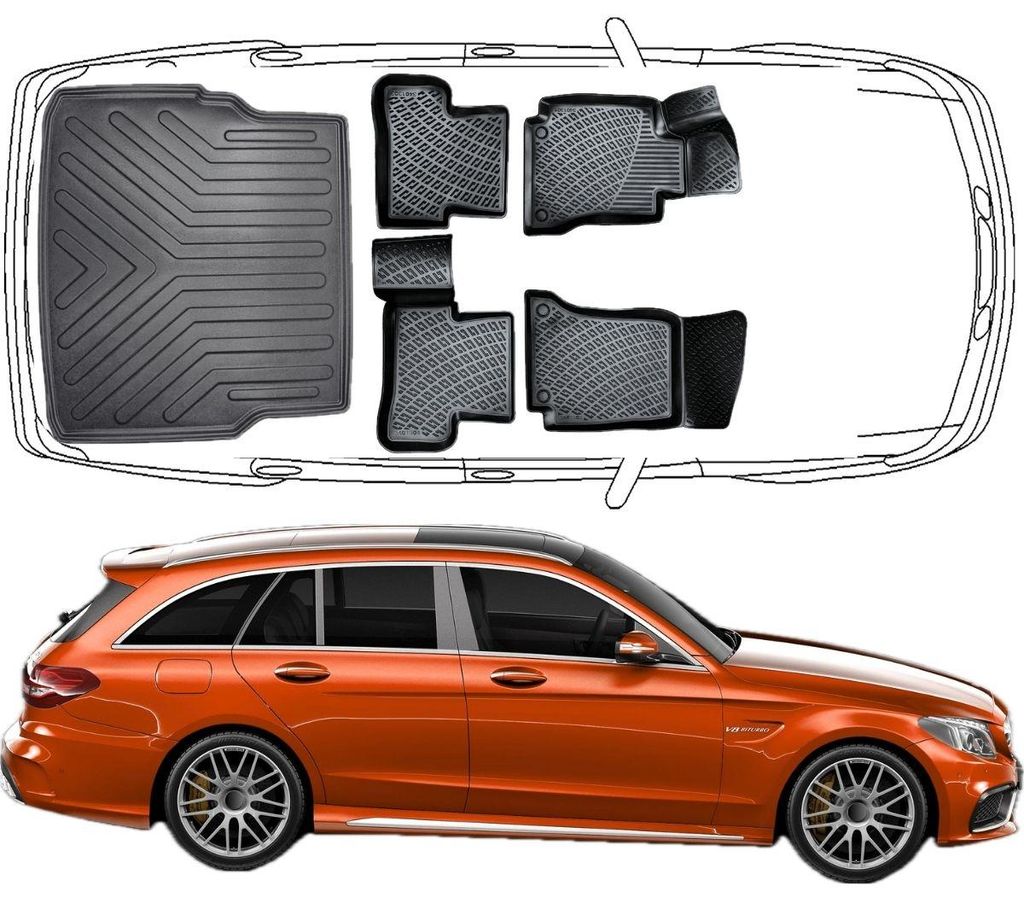 Set Autofußmatten und Kofferraummatte kompatibel mit Mercedes C Klasse W205 Kombi (2014 - 2021)