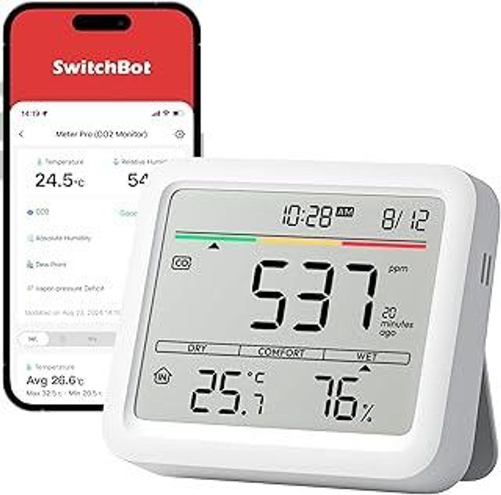 SwitchBot CO2-Melder, CO2 Messgerät mit Thermometer Hygrometer Innen, Luftqualität Messgerät mit CO2-Alarm, Bluetooth CO2 Sensor mit APP, 2 Jahr...