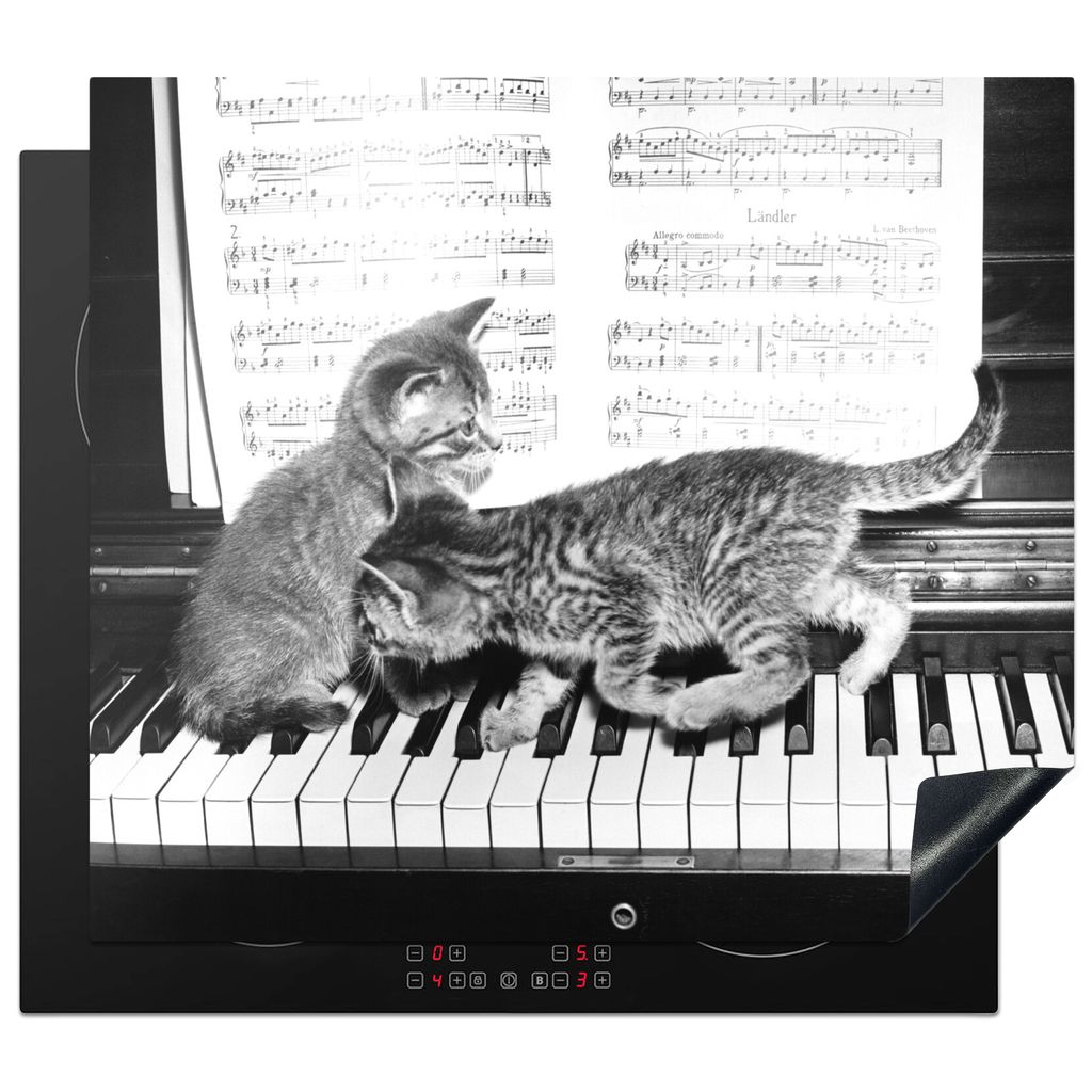 KitchenYeah Herdabdeckplatte Kätzchen spielen Klavier - schwarz und weiß , 60x52cm, Küche Deko, Glaskeramikkochfeld Herdabdeckung, Abdeckplatt...
