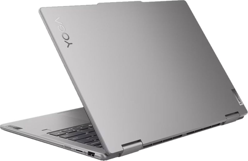 A silver Lenovo Yoga 7 2-in-1 laptop is shown from a slightly elevated side angle, with the lid open.