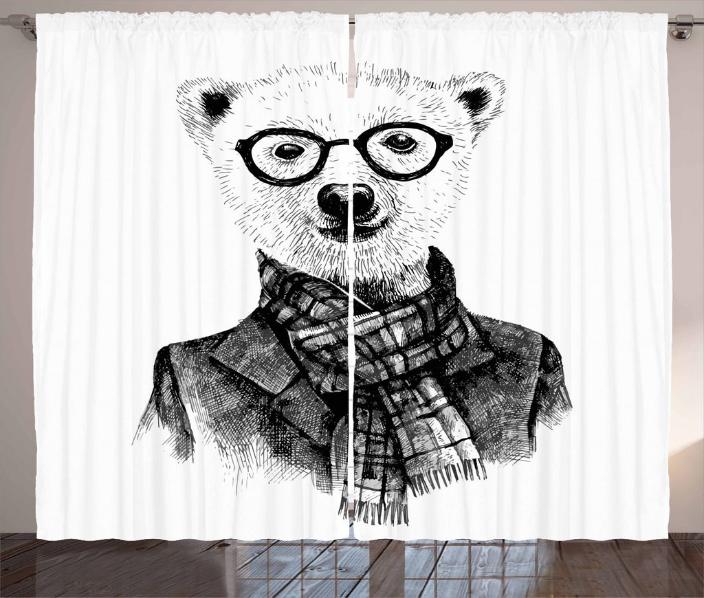 ABAKUHAUS Schwarz und weiß Rustikaler Vorhang, Sketch Bär, Wohnzimmer Universalband Gardinen mit Schlaufen und Haken, 280 x 225 cm, Weiß Schwarz...