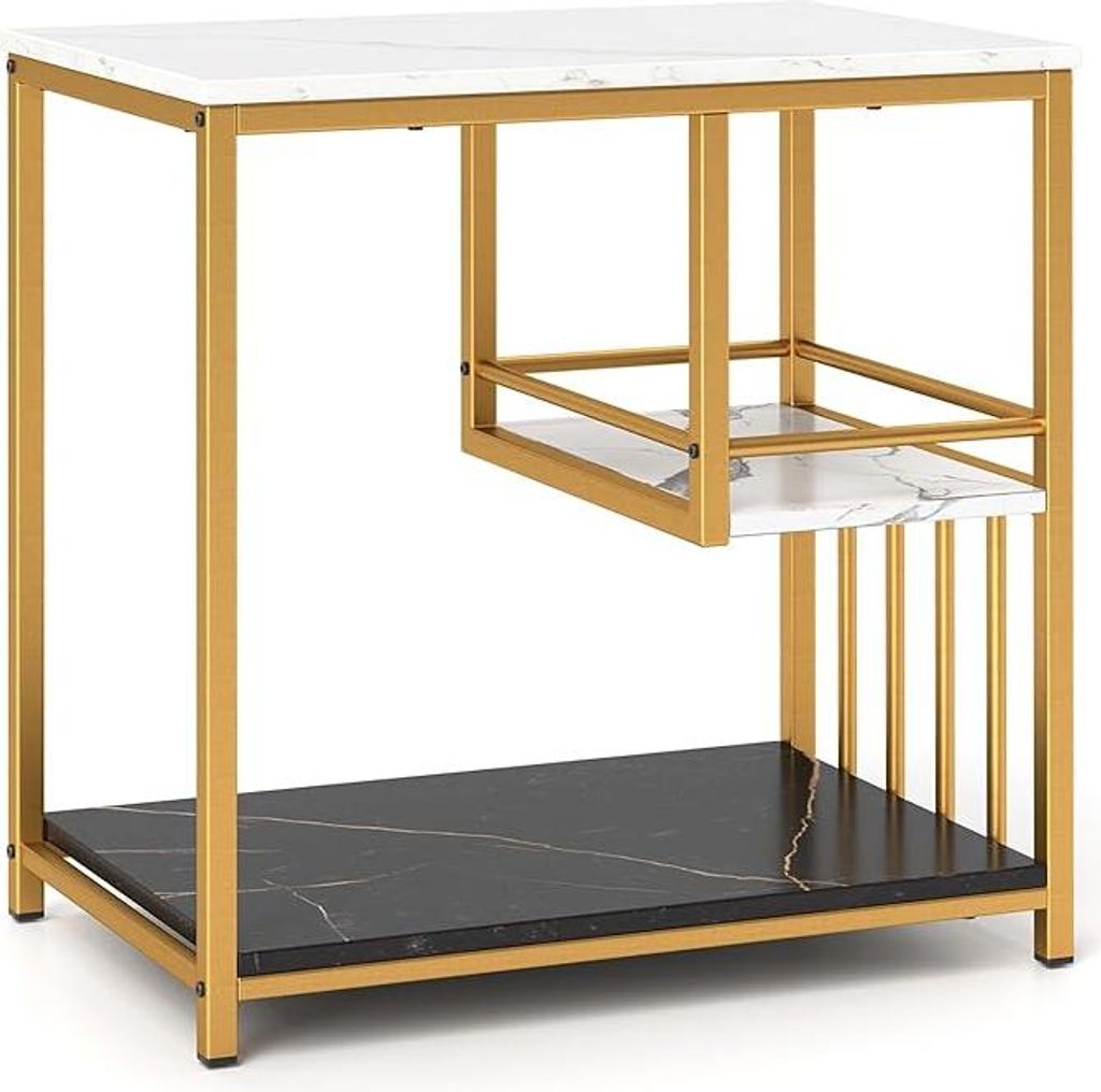 3-stufiger Beistelltisch, Couchtisch mit Marmorierung, goldenem Metallrahmen und Stauraum, eleganter Nachttisch mit Schutzzaun & rutschfesten Füße