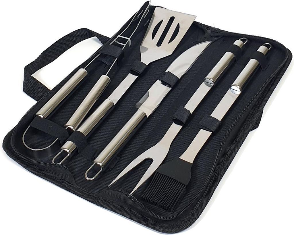 Krumble 5-Stück Barbecue-Set - 5er-Grill-Set aus Edelstahl - Inklusive praktischer Aufbewahrungstasche - Grillzubehör - Tranchiermesser - Messer ...