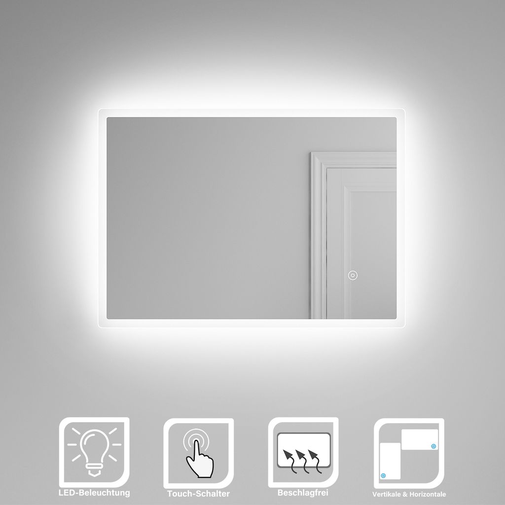 SONNI Badspiegel 70x50cm mit LED Beleuchtung Antibeschlag Touch schalter Badezimmerspiegel Lichtspiegel Wandspiegel