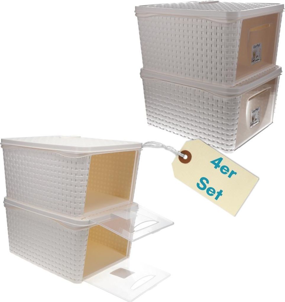 4er Set Aufbewahrungsbox mit Deckel Weiß Frontöffnung Schrank Organizer Stapelbox Kleiderschrank Korb mit Deckel Aufbewahrung Badezimmer Rattan O...