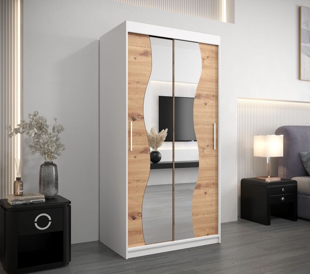 Kleiderschrank mit Spiegeln XEIE – Breite 100 cm, weiß/Eiche handwerklich gefertigt