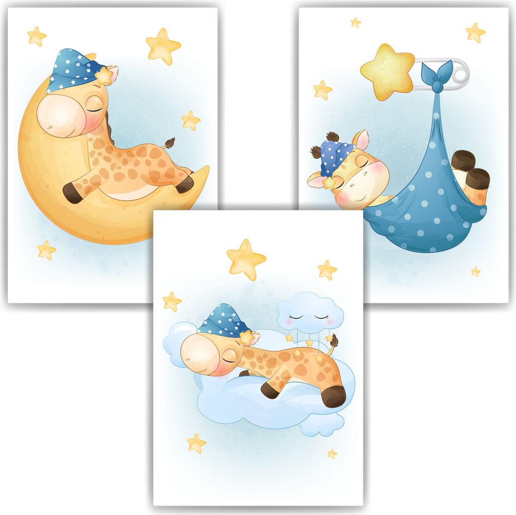 3er Set Poster für Kinderzimmer Bilder Babyzimmer Babyparty Kinderposter Giraffe Blau – DIN A3 (29.7x42cm)