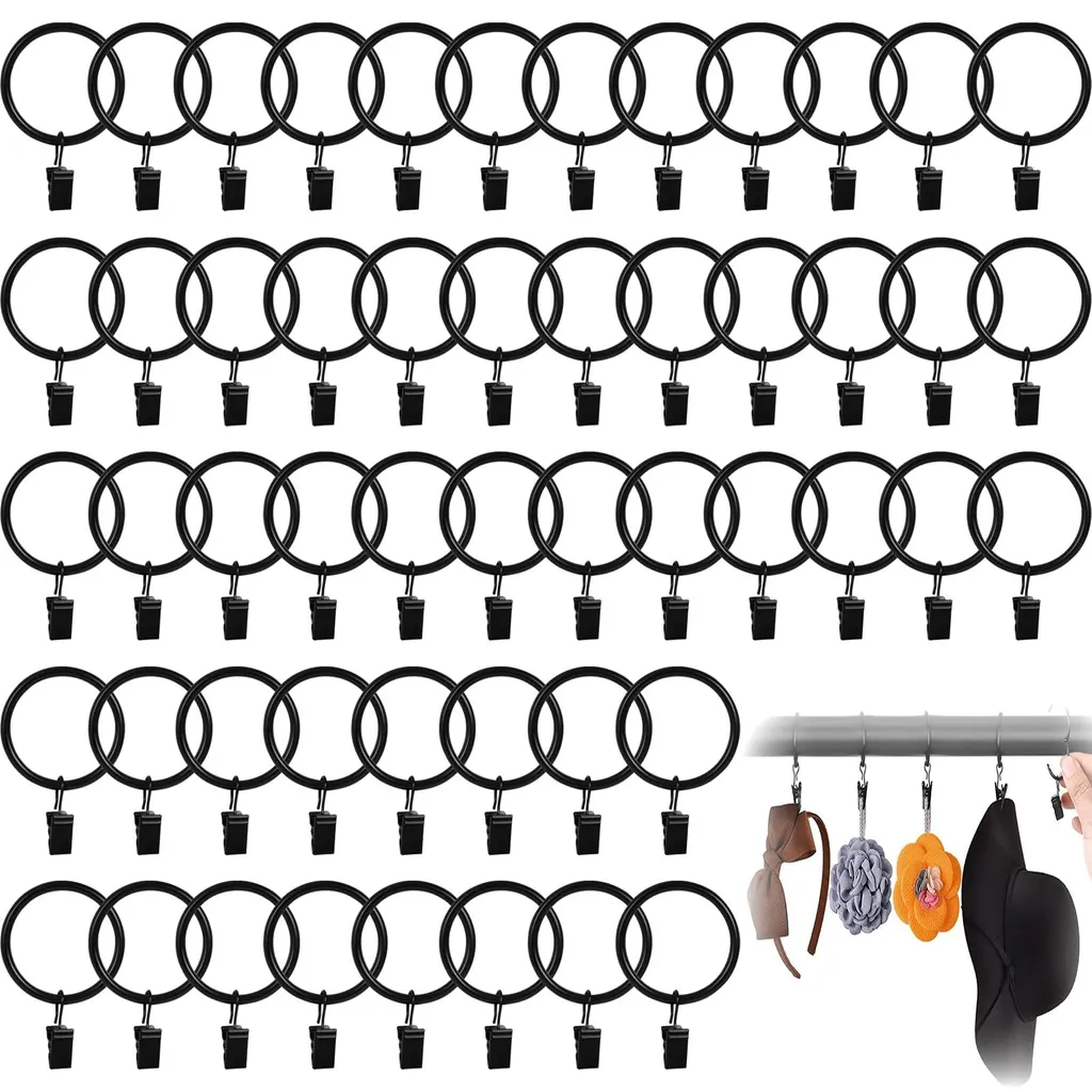 50 Anneaux de Rideaux avec Pinces Métalliques Noirs pour Tringles