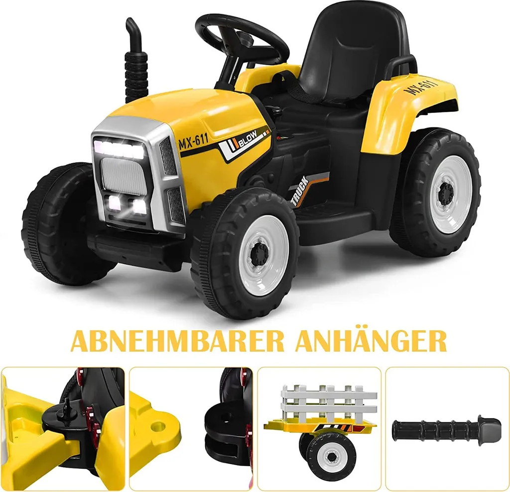 Tracteur électrique 12V jaune avec 3 vitesses et télécommande parentale - 3