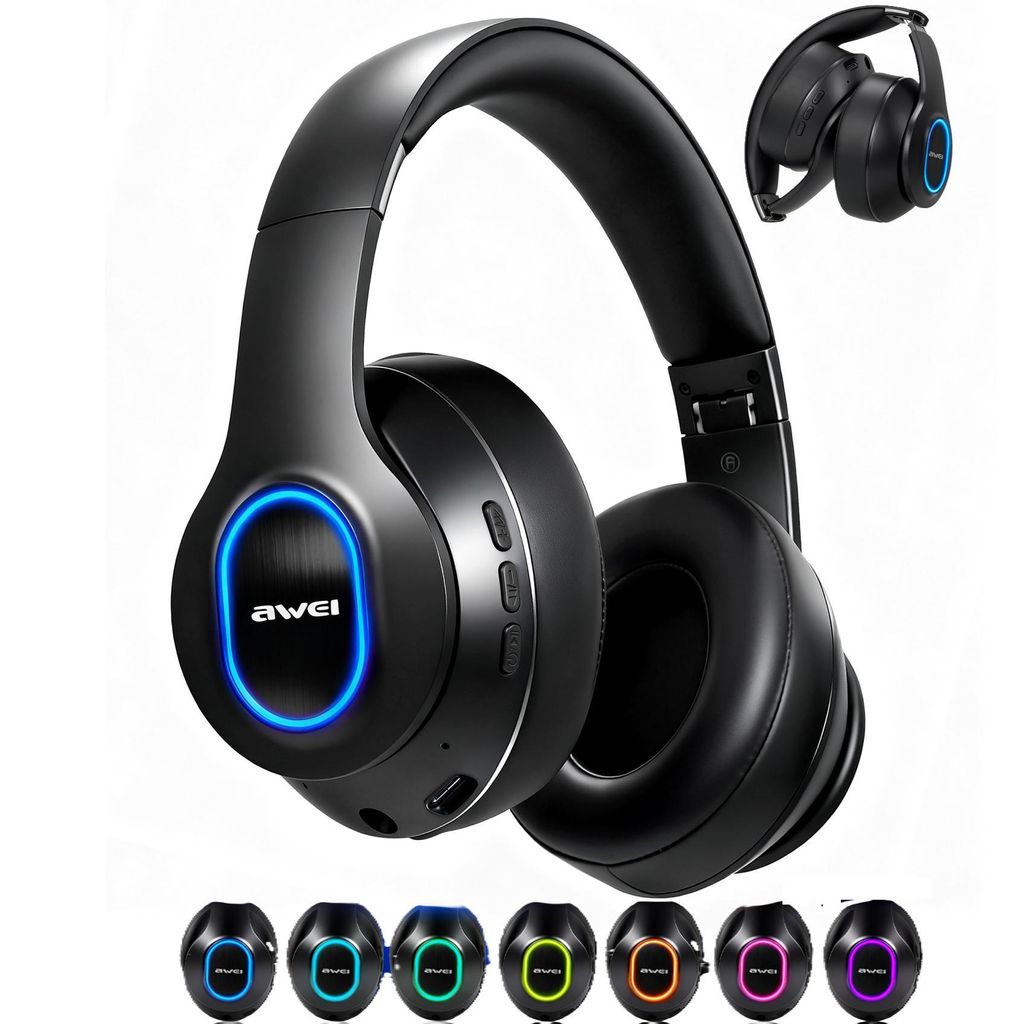 Bluetooth-Headsets, Bluetooth Over-Ear Kopfhörer mit RGB Licht, kabellos & kabelgebunden, 40 mm Treiber, faltbares Design, bis 12 Std. Akku