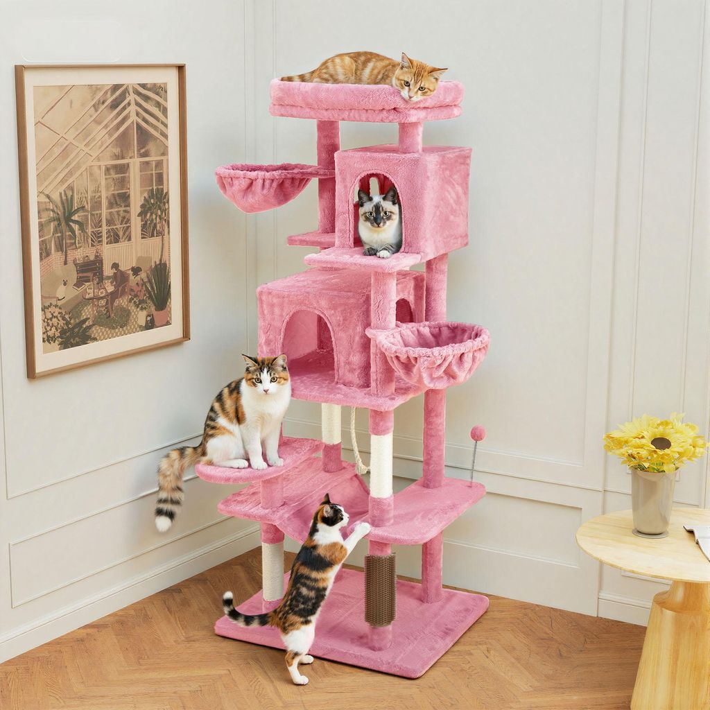 Kratzbaum für große Katzen, Kratzbrett, Katzenbürsten, große Plattformen, Plüschkissen, Höhle, 78 x 46 x 176 cm, Rosa