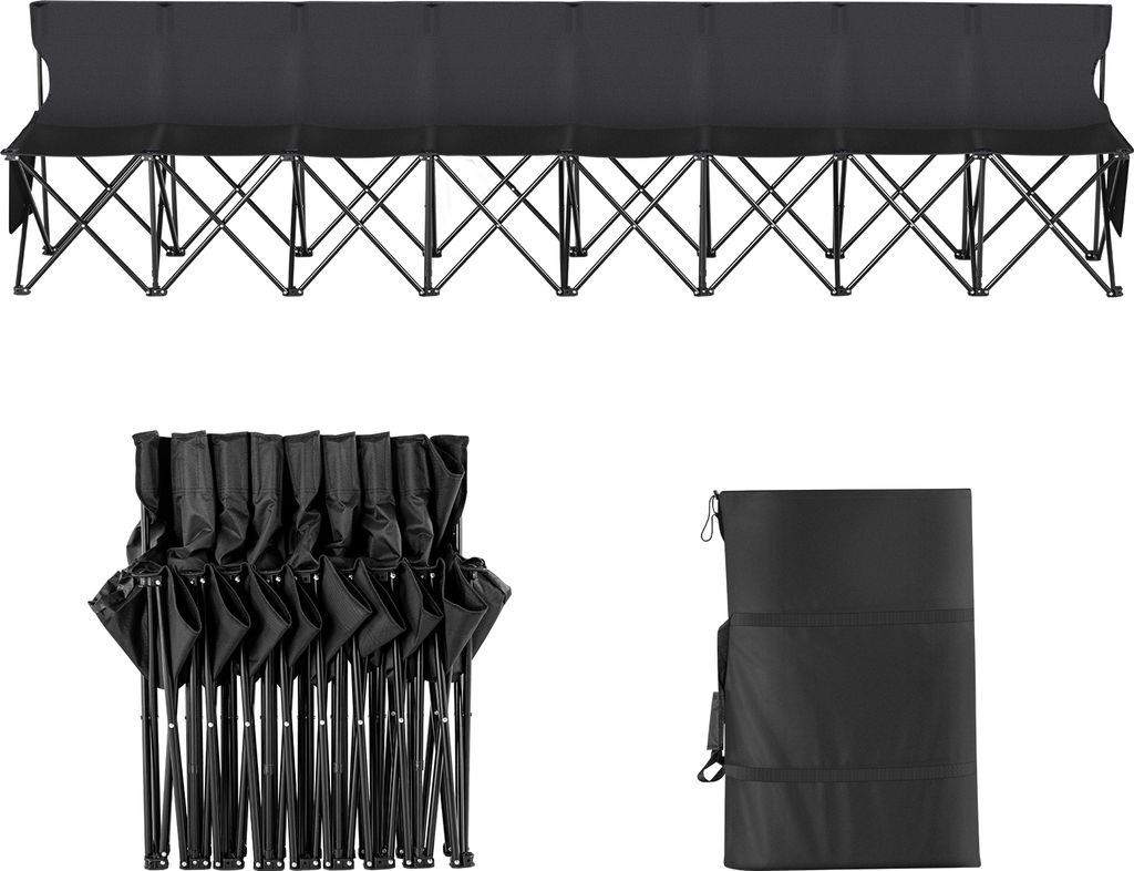 A black folding bench and its folded form and carrying bag are displayed against a white background.