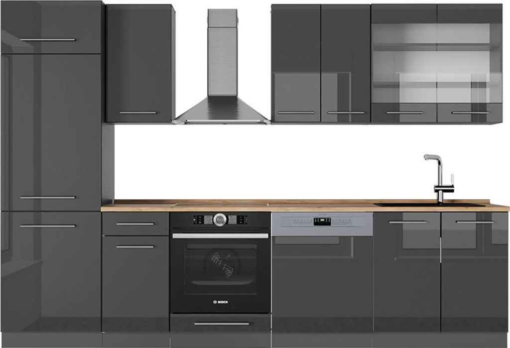 Küchenzeile Vicco Fame-Line Anthrazit Hochglanz 300 cm , AP Eiche, Model 57054