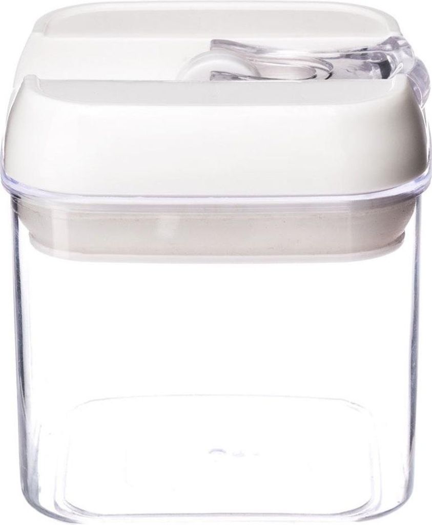 A clear studio shot of a square, clear plastic food storage container with a white lid and a transparent seal.