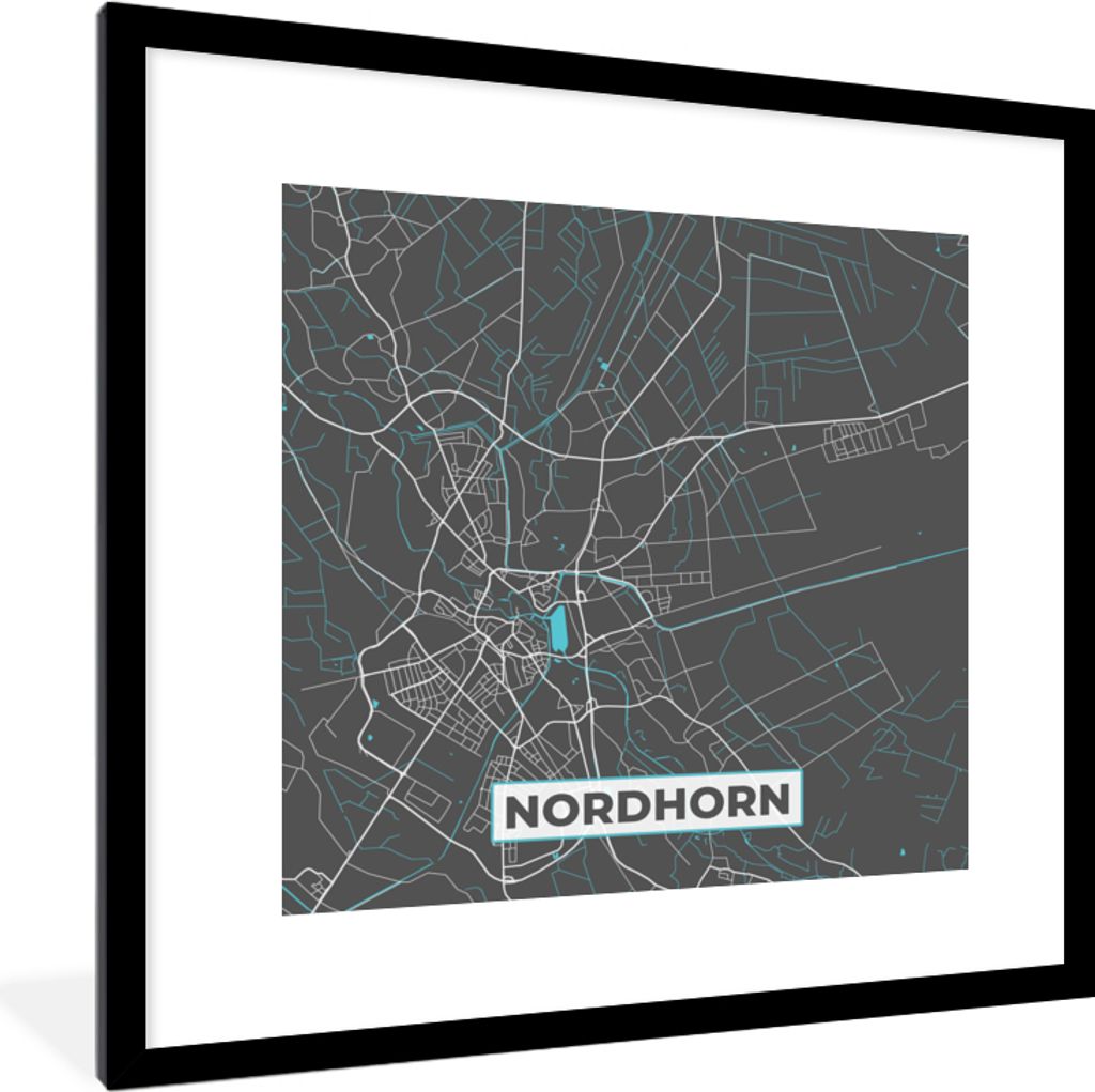 MuchoWow Gerahmtes Poster Blau - Deutschland - Karte - Stadtplan - Nordhorn 40x40 cm - Poster mit Schwarzem Bilderrahmen Wandposter Rahmen Foto B...