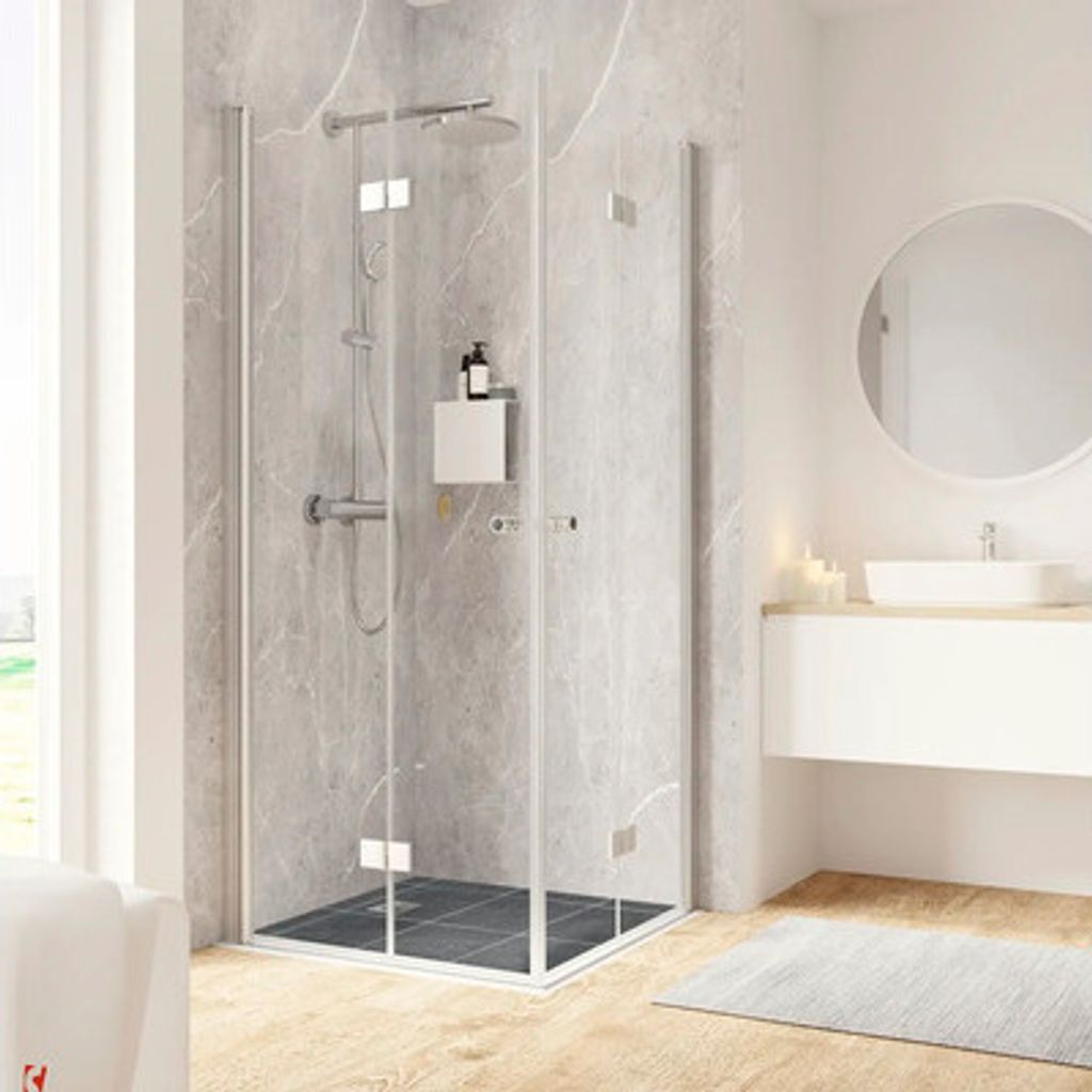 Eckeinstieg mit Drehfalttür SCHULTE Garant 2.0 ExpressPlus 90 x 90 cm Profil aluminium Klarglas schmutzabweisende Glasbeschichtung Türanschlag li...